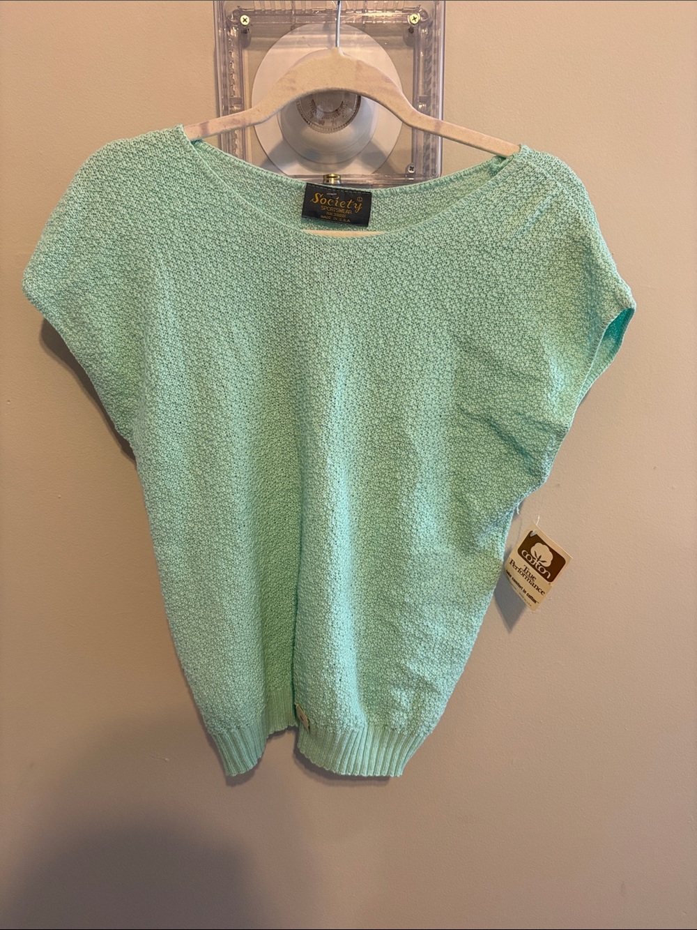 Vintage 90s Mint Green Knit Sweater Top Womens Small Textured Short Sleeve NWT